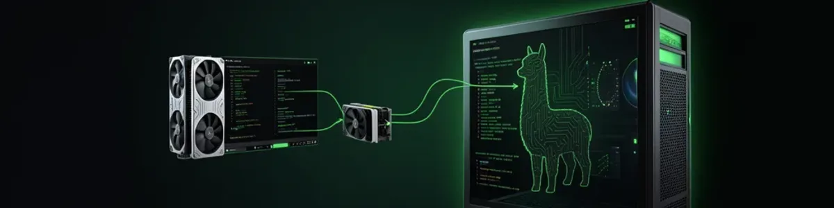 Two GPUs running a local AI inference server with a llama-shaped circuit pattern